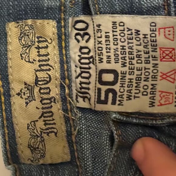 Indigo Thirty Y2K Blue Denim jeans with pocket designs all over 50W 34L - Picture 2 of 3